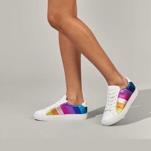 White Leather Sneakers with Rainbow Metallic Stripes - Women's